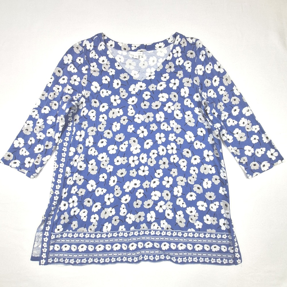 J Jill Floral Tunic Womens Large Blue V-Neck 3/4 Sleeve Cotton Modal Boho Top
